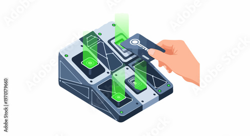 Cyber Security and Digital Access Concept: Hand Holding Smart Key Card to Electronic Authorization Device, Isometric Vector Illustration