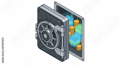 Isometric Open Bank Vault with Gold Coins and Digital Data Blocks, Concept of Cryptocurrency Security, Fintech, and Digital Asset Protection