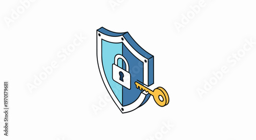 Isometric Cybersecurity Shield Icon with Padlock and Key for Data Protection and Privacy