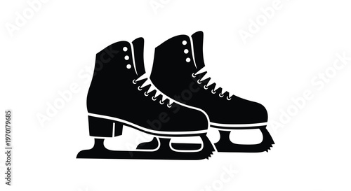 A stark black silhouette depicts a pair of vintage ice skates with detailed lacing and blades silhouette