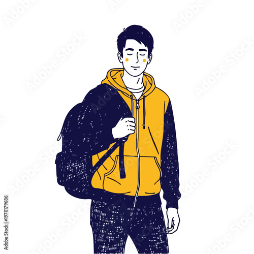Young male student in yellow hoodie with backpack flat illustration