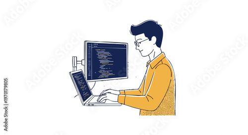 Programmer Working on Code with Laptop and Monitor Illustration
