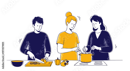 Group of Friends Cooking Together at Home Illustration