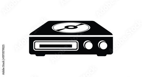 A stark black outline depicts a retro portable record player with a circular turntable silhouette high quality professional