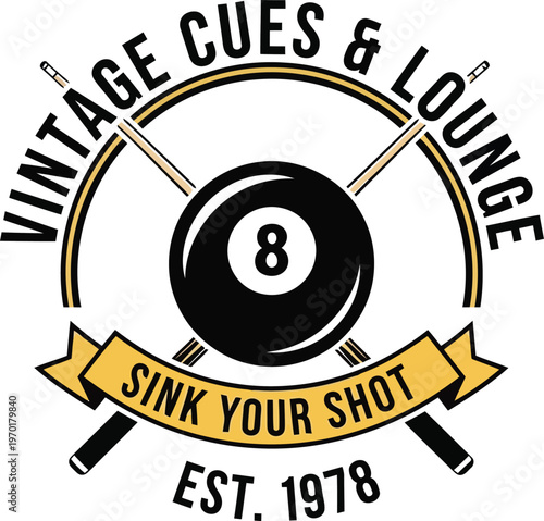 Vintage cues and lounge logo with an eight ball and pool sticks on a white background