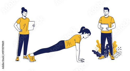 Core plank workout with personal trainers vector illustration