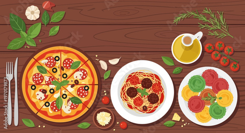 Top View Italian Food Vector Illustration with Pizza, Spaghetti, and Ravioli on Wooden Table