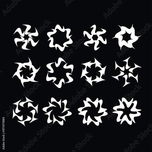 Abstract White Circular Star and Flower Shapes Set on Black Background for Graphic Design