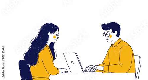 Two developers working together on a laptop in flat vector style