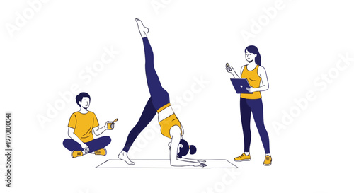 Woman performing yoga stretch with trainer and observer vector