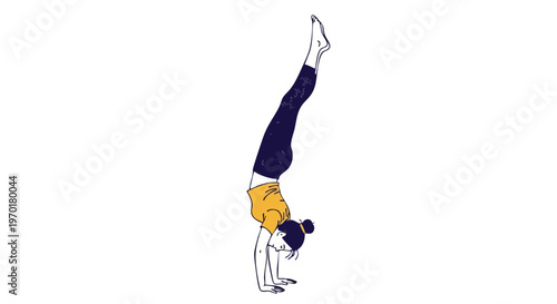 Woman performing a yoga handstand pose on white background