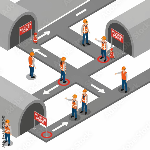 Isometric illustration of construction workers managing traffic flow near tunnel entrances.
