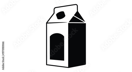A stark black silhouette of a gable top milk carton stands isolated on a plain white background silhouette