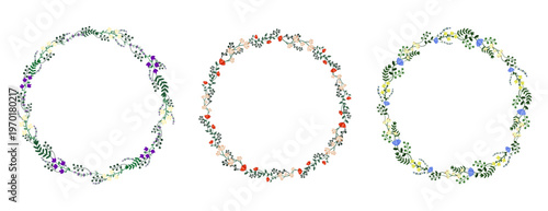 Collection of elegant floral wreaths isolated on white background.Set of floral chaplets in flat style.Design for seasonal decorations, greeting cards, invitations, social media.Vector illustration. 
