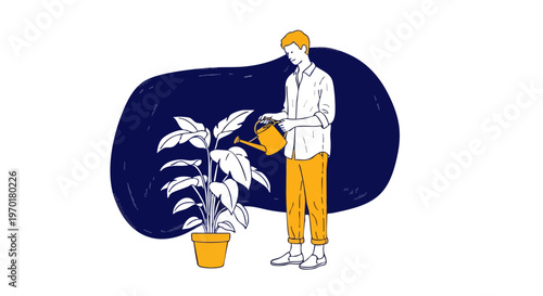 Man Watering Potted Indoor Plant at Home Vector