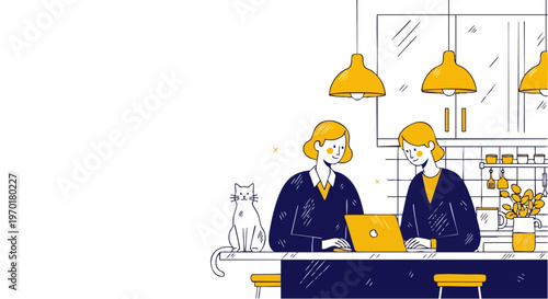 Two Women Collaborating on Laptop in Home Office with Pet Cat