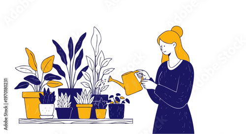 Young woman watering indoor potted plants on shelf vector illustration
