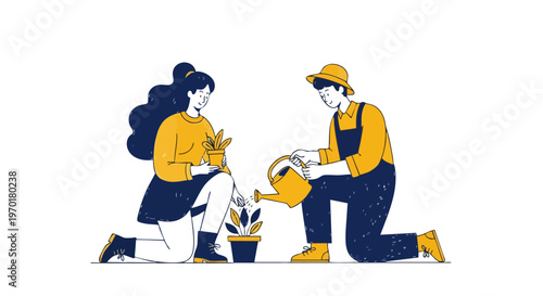 Man and woman gardening together and watering plants