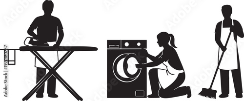 Man Ironing Clothes on Board Woman Loading Washing Machine and Man Sweeping Floor Housework Set Cleaning Services Silhouette Vector Illustration