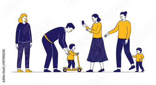 Family helping a small child learn to ride a kick scooter