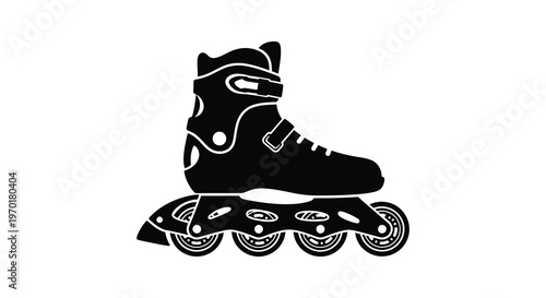 A striking black silhouette depicts a single inline roller skate with detailed wheel and boot design silhouette