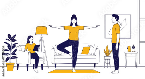 People practicing yoga and healthy morning routine at home