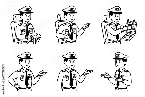 Six different poses of a pilot in a cockpit seat and standing.