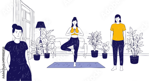 Morning Yoga Session with Friends in a Cozy Living Room Illustration