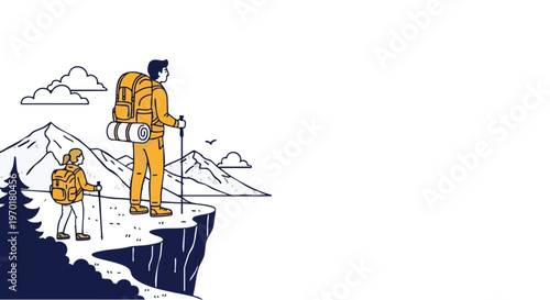 Hikers Standing on Mountain Cliff Edge with Panoramic View