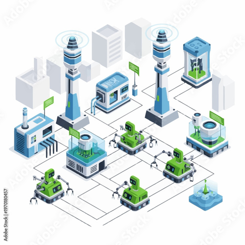 Isometric Smart Factory with Automated Production and Robotic Systems.