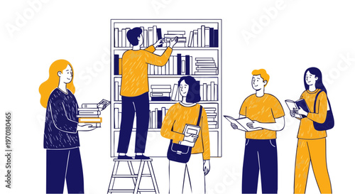 People organizing books on shelves in library illustration