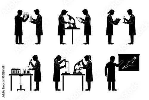 Scientists conducting experiments in a laboratory setting with various equipment and tools