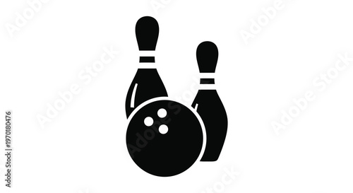 A striking black silhouette depicts a bowling ball positioned before two pins creating a minimalist scene silhouette