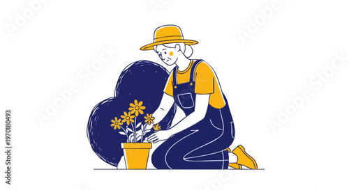Woman Gardener Planting Flowers in Potted Plant Vector Illustration