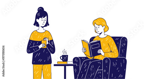 Two young women relaxing with books and coffee at home