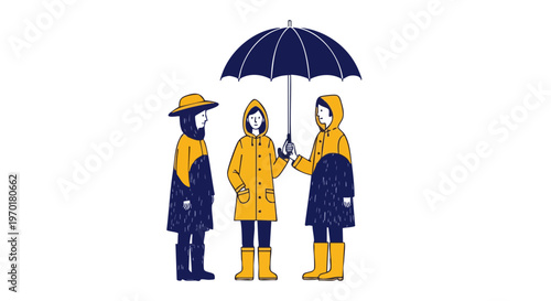 Three people in raincoats standing together under an umbrella