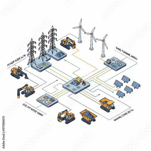 Isometric Smart Grid with Renewable Energy Sources and Heavy Machinery.