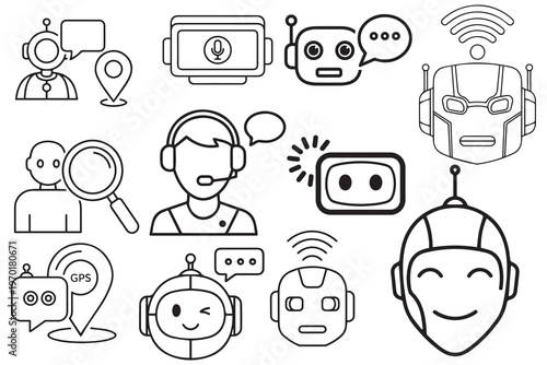 Set of vector illustrations featuring chatbot icons and various digital assistance concepts.