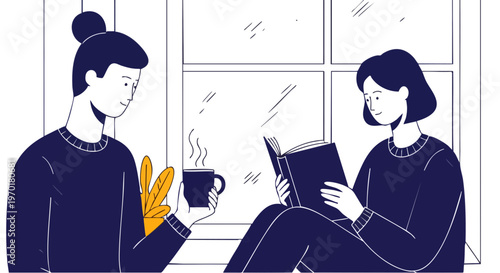 Two young women relaxing by a window reading and drinking coffee