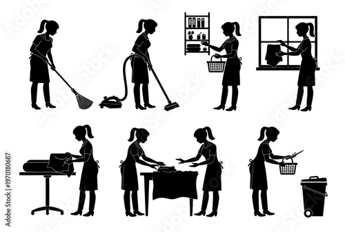A maid is cleaning and organizing an office space with various equipment and furniture