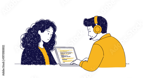 Software developers working on code at a laptop vector illustration