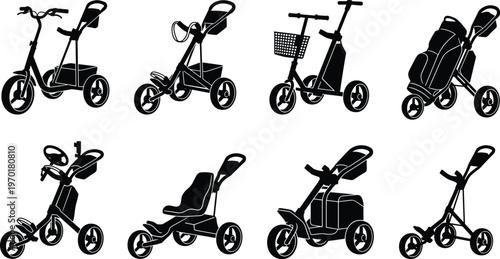 Set of black silhouettes featuring various tricycles, push carts, and three wheeled mobility bikes isolated on a plain white background.