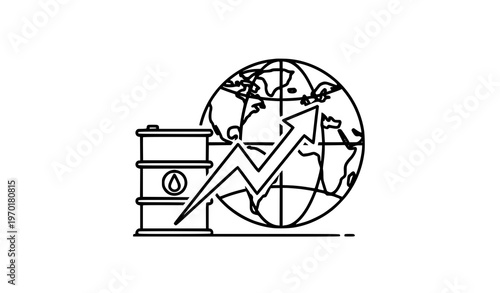 Global oil price increase icon with globe and barrel outline vector illustration