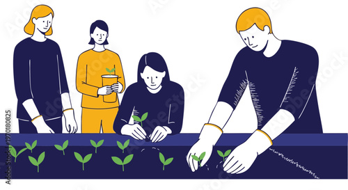 People planting young seedlings in a garden bed during springtime