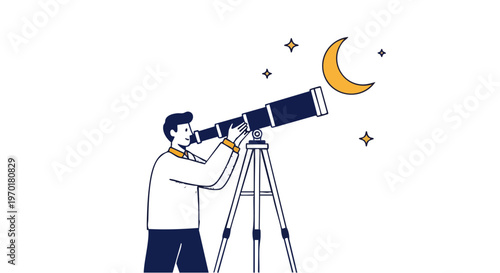 Man Observing Moon and Stars Through a Telescope