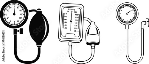 Blood pressure monitor silhouettes vector set, medical sphygmomanometer devices collection, healthcare diagnostic equipment, black isolated instruments for hospital clinic measurement illustration
