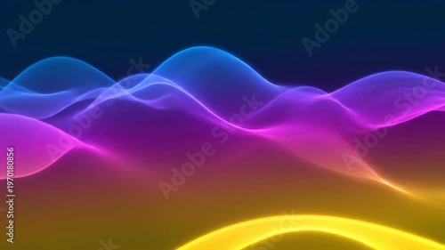 A vibrant abstract composition with flowing, luminous lines. Blues, purples, pinks, oranges, and yellow blend