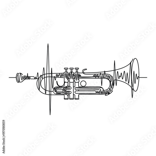 Single line art trumpet on musical sound wave vector illustration.