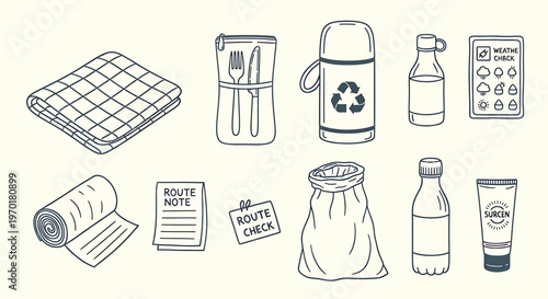 Sketch of various beverage containers isolated on transparent background including cans bottles and cartons