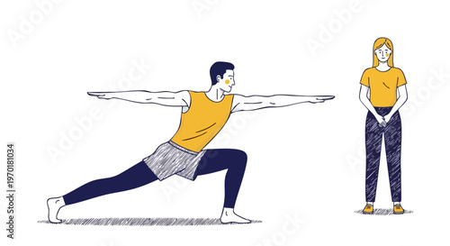 Man practicing Warrior II yoga pose with female instructor nearby